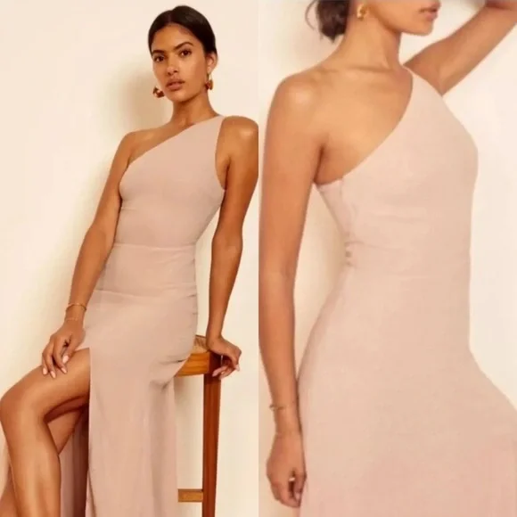 Reformation Evelyn One Shoulder Slit Maxi Dress Gown in Champagne Size 2 NWT - Picture 5 of 9
